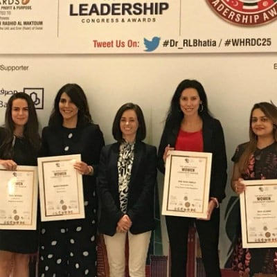 Dr Silvia Vianello (Director of Innovation Centre, SP Jain Dubai) receives the Middle East Women Leadership Award